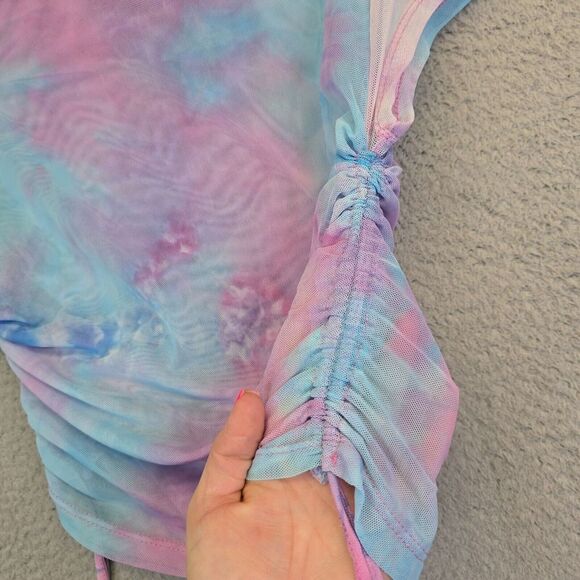 Riley James‎ Top Womens M Blue Pink Tie Dye Micromesh Ruched Rave Music Festive - Picture 8 of 11